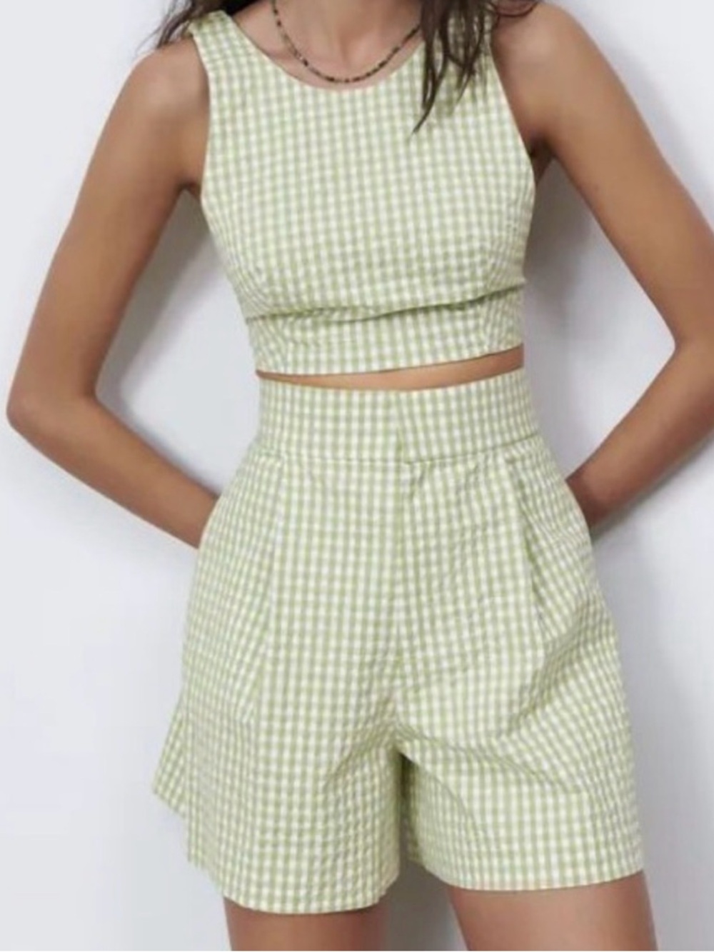 Gingham Two-Piece Crop Top & High-Waist Shorts Set